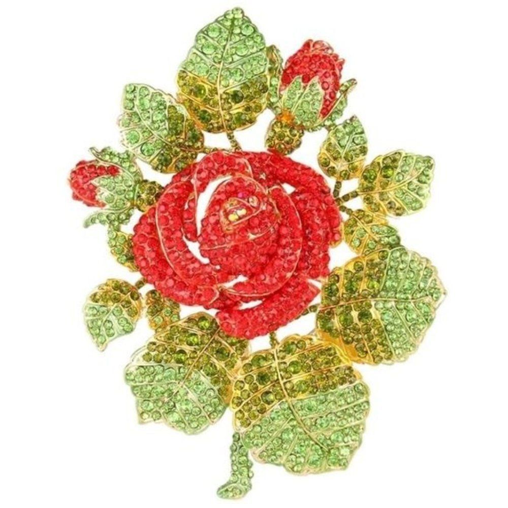 Yellow Gold with Ruby Red Austrian Crystal Rose Flower and Leaf Brooch Pin